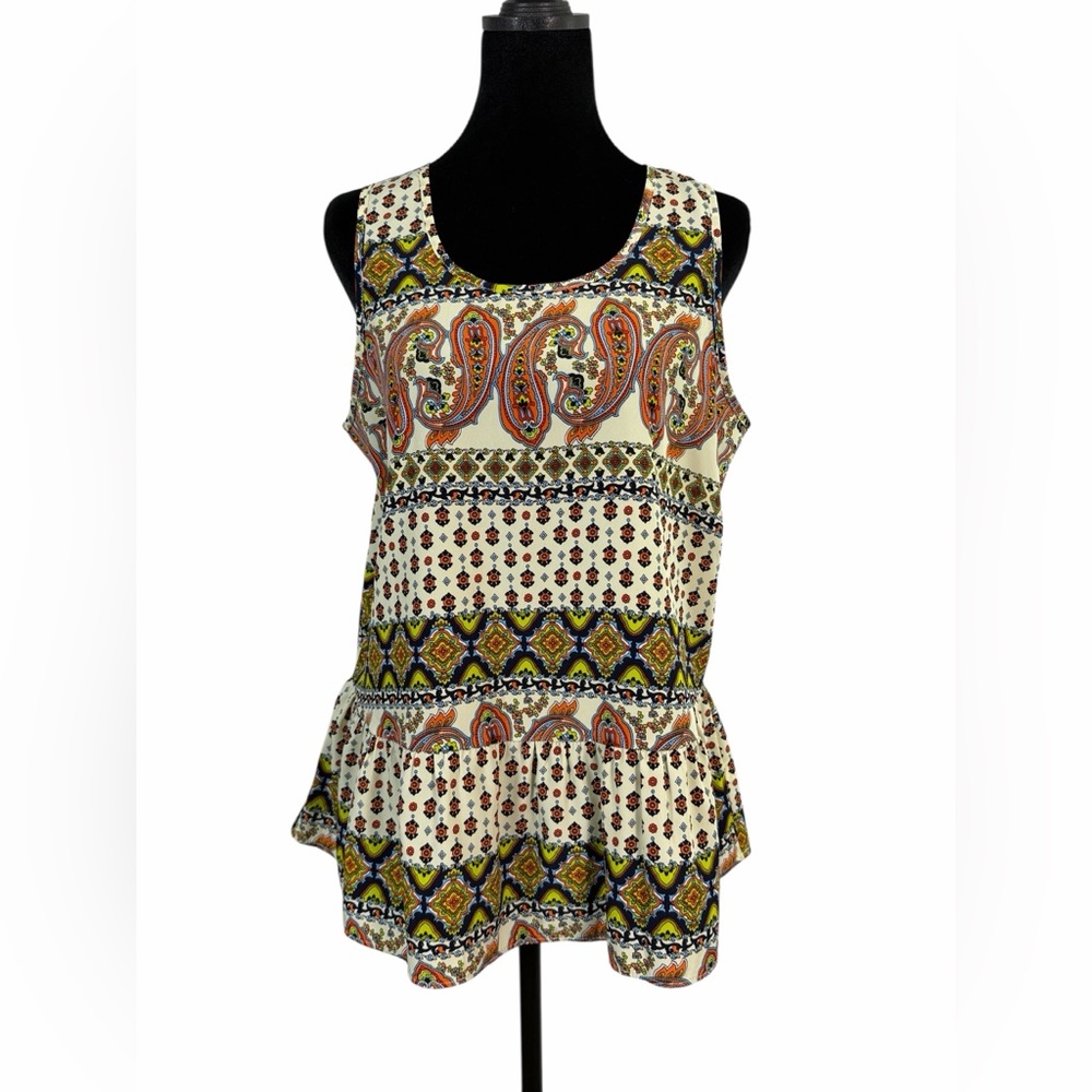Charming Charlie Cream Paisley & Geometric Peplum Tank Top Size M